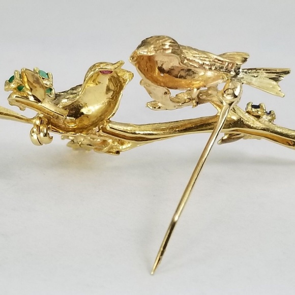 14k Gold Ruby, Emerald, Sapphire Bird Brooch Pin - Picture 4 of 8